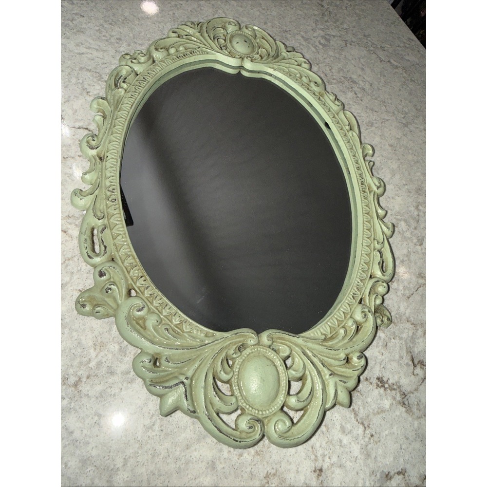 Vintage Oval Cast Iron Mirror Vanity Tray Floral Perfume Ornate Sage Green 15x10